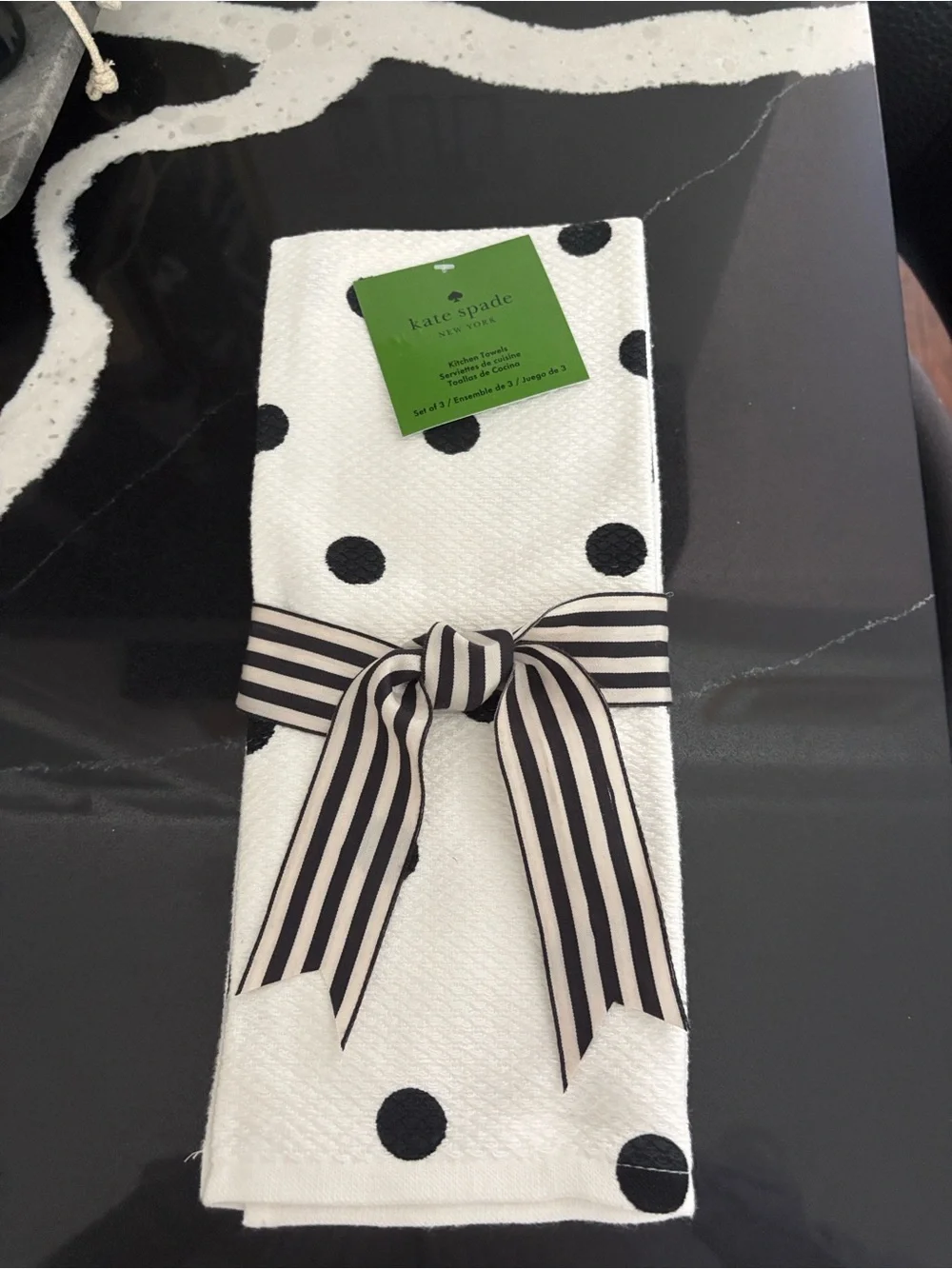 KATE SPADE Three black and white polka dot kitchen towels